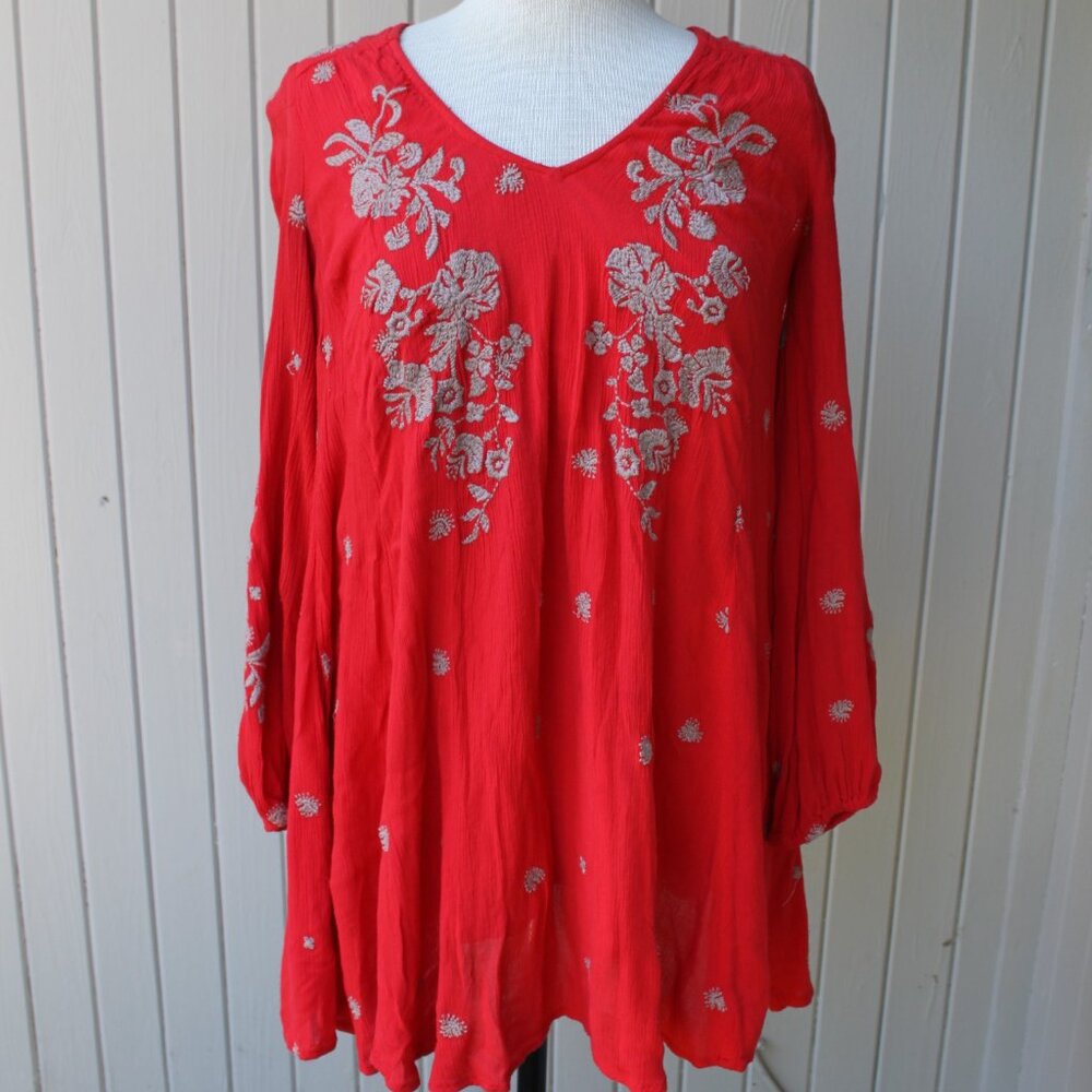 Free People Embroidered Boho Red Mini Open Back Hippie Dress XS